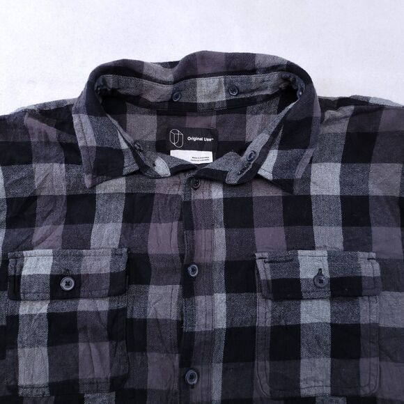 Original Use Gingham Flannel Long Sleeve Button Up Shirt Mens Size L Black Gray - Picture 1 of 10